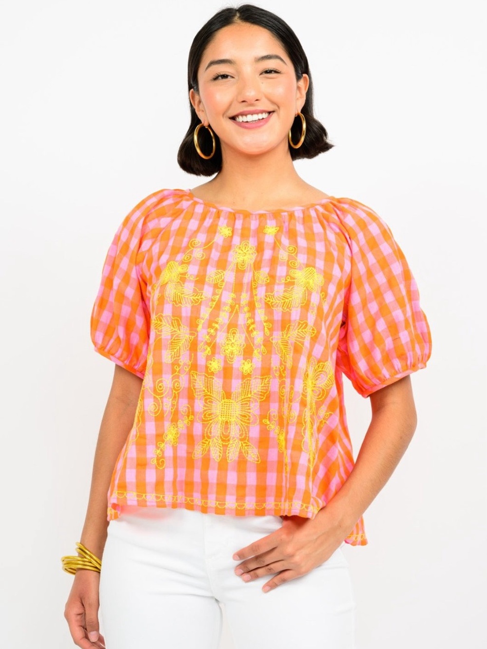 Ivy Jane Embroidered Pink-Orange Gingham Peasant Top
